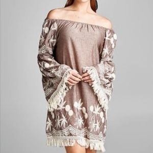 Indigo Soul Brown Off-Shoulder Dress with Cream Embroidery